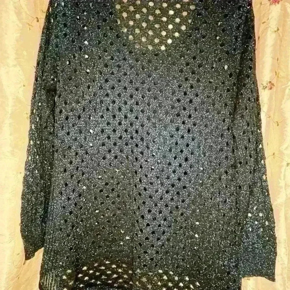 Rock & Republic Black Metallic Open-Knit Sweater L Shimmer Cutout Long Sleeve - Picture 2 of 6
